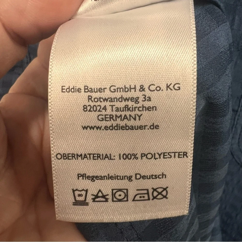 Eddie Bauer semi-sheer blue patterned blouse with front buttons size large